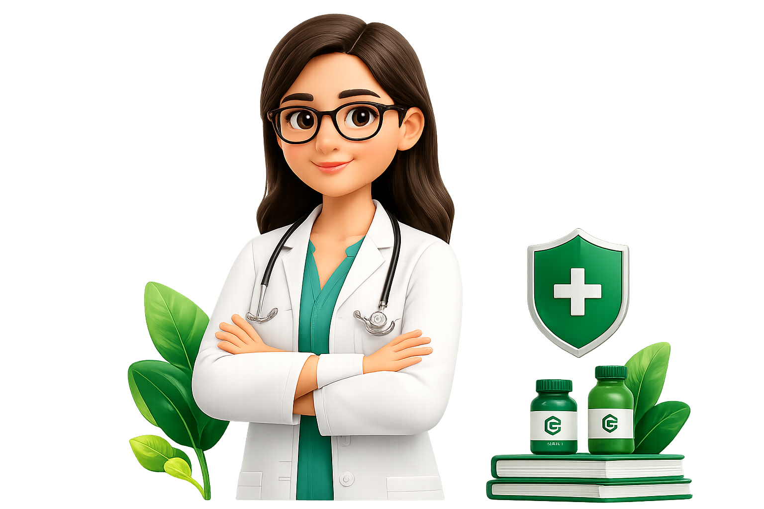 Healthcare expert illustration with medical shield and medicines